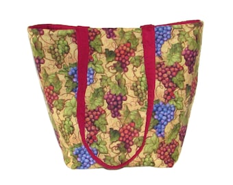Grapes Tote Bag, Wine Cloth Purse, Handmade Handbag, Winery, Vineyard, Burgundy, Beige, Fabric Bag, Shoulder Bag
