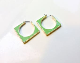 Vintage Green Enamel Earrings - enamel hoop earrings, square earrings, light green vintage enamel earrings, 60s jewelry