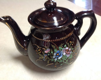 Vintage Japan Teapot black ceramic pottery hand painted flowers 4 cup enamel floral teapot, 4 cup black teapot hand painted flowers Japan