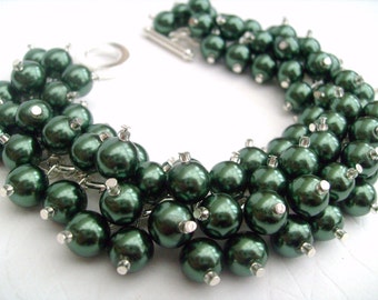 Bridesmaid Jewelry, Forest Green Pearl Beaded Bracelet, Cluster Bracelet, Pearl Bracelet, Bridesmaid Gift - Handmade Jewelry By Kim Smith