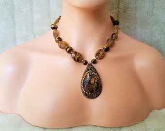 On Sale, Embroidered Statement Necklace, Cherry Quartz Necklace, Large Bead Necklace, Beaded Statement Necklace, Embroidered Couture Jewelry