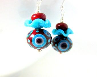 Funky Earrings, Red & Turquoise Blue Earrings, Lampwork Earrings, Glass Earrings, Ruffle Earrings, Unusual Earrings, Red Earrings - Bullseye