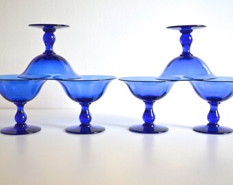 Set of Six Mid Century Glass Dessert Dishes in Cobalt Blue