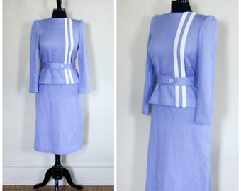 Vintage Lavender Purple Knit Leslie Fay Petites Set Top And Skirt Stripe Belted