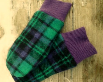 Recycled Green Plaid Wool and Black Leather Mittens S/M