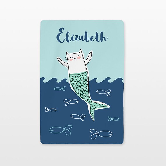 Cat Mermaid Personalized Blanket Name Baby Blanket Girl Boy Toddler Kids Blanket Custom Throw Blanket Minky Fleece Unique Ocean Navy Aqua