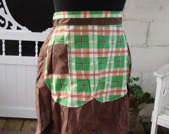 Vintage Brown Cotton and Green Plaid Ladies Half Apron