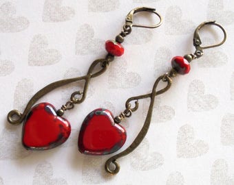 Red and Brass Valentine Heart Earrings (4220)