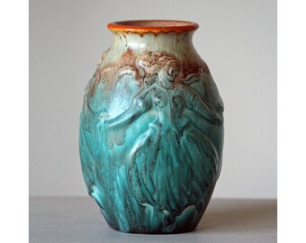 Michael Andersen, Bornholm, Denmark. Art Deco Stoneware Vase with Figural Decoration