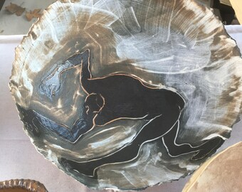 Organic Porcelain Bowl with Figure Etched in Slip
