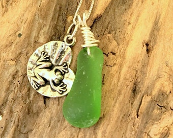 Green Seaglass Necklace, Lake Jewelry, Beach Glass Necklace, Lake Erie Beach Glass Jewelry, Frog Charm Necklace