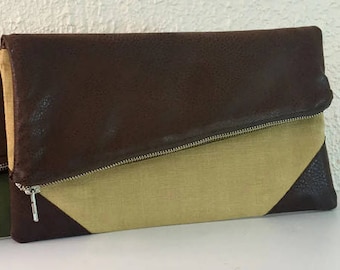 Foldover Clutch, Fold Over Linen Bag, Vegan Leather Foldover Bag, Gift for Her, Fold Over Clutch, Folded Clutch, Fold Over Bag