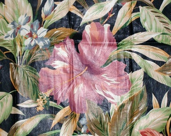 Vintage Cyrus Clark "Tahiti" Black Exotic Floral Hibiscus Flower and Ti Plant Leaves Chintz Sample From 1989 Great For Pillows
