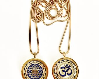 2 Sided Pendant: Sri Yantra & OM - 18k Gold Plated Stainless Steel - Aromatherapy Pendant - 24" Snake Chain Included!