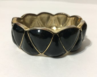 Gold Tone Bracelet - Black - Cuff - Gold Jewelry - Black Bracelet