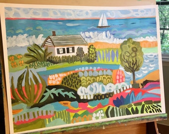 Cottage on the Coast Original Painting on 24x18 Paper by Karen Fields