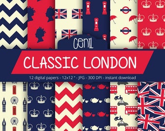 London Digital Paper - CLASSIC LONDON - with british flag london element, big ben, tea, phone booth, chevron, UK pattern for Scrapbooking