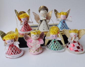 Vintage Spun Cotton Head Angel Ornament Lot of 7