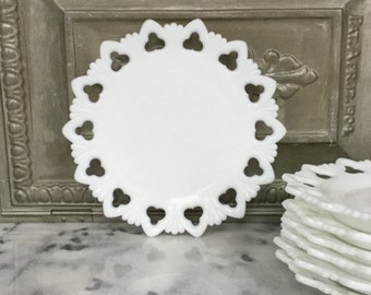 Milk Glass Plates / Set of Seven Kemple Plates / Shell and Club Milk Glass Plates