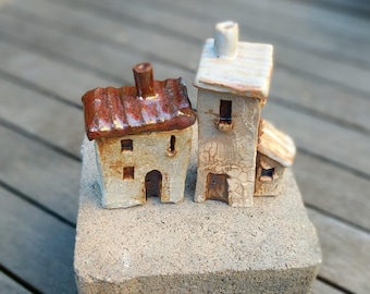Ceramic houses miniature house miniature clay house small pottery house holiday village terrarium housewarming gift fairy garden, SET OF 2