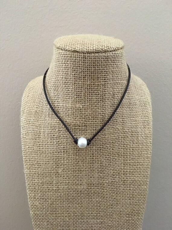Leather and Pearl Necklace Single Pearl Leather Choker