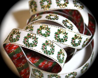 Ribbon Woven - 5/8" x 3 yards Christmas Wreath Woven Jacquard Ribbon - Metallic