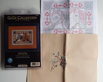 Dimensions Equine Pair 6848 (one horse started) Cross Stitch Horseshoe Tack Horseback Riding