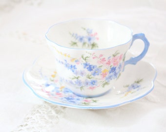 English Fine Bone China Rosina Tea Cup & Saucer Tea Party Larkspur Pattern