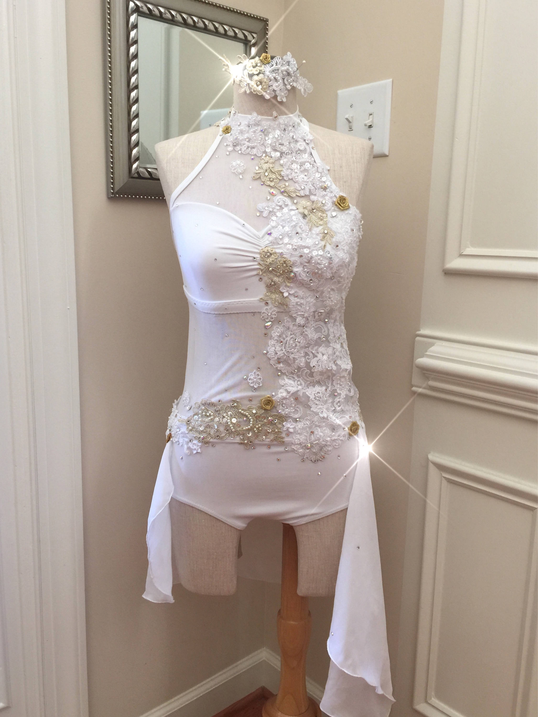 2 Piece Custom Lyrical Dance Costume White and Gold with