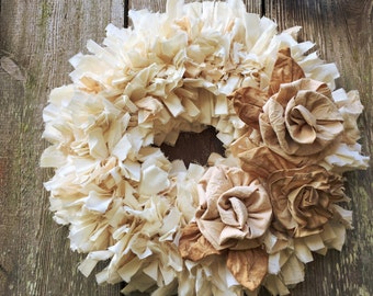 Rustic Rag Wreath, Hygge Winter Rose Wedding Wreath with muslin ribbon roses on a small 12" wreath, natural & tea dyed muslin fabric roses