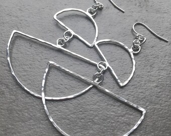 Geometric Statement Earrings - Hand Hammered Sterling Silver Half Circle Dangle Earrings - Big Silver Earrings - Bold Silver Jewelry