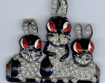 VINTAGE 1940S RHINESTONE & ENAMEL naughty bunny rabbits pin brooch