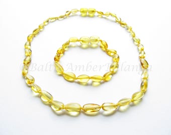 Baltic Amber Teething Necklace and Bracelet/Anklet Set, Olive Form Lemon Color Beads