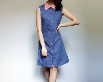 Summer Dress Women Vintage 60s Blue Sundress Gingham Dress 1960s Button Up Dress - Medium M
