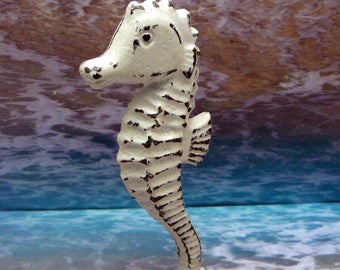 Seahorse Cast Iron Statue Figurine Stand Nautical Sea Horse Cottage Chic Classic White Shabby Style Chic Distressed Beach Weathered