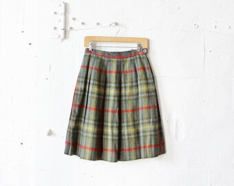 60s Plaid Pleated Skirt XS/S • Wool Midi Skirt• Green Pleated Plaid Skirt • Knee Length Skirt by Koret | SK466