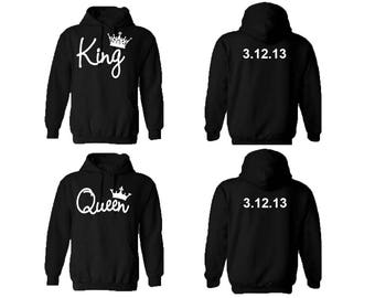 KING QUEEN couple hoodies, personalized Back custom Dates, comes in a pair, Matching hoodie, Anniversary gift **BOTH