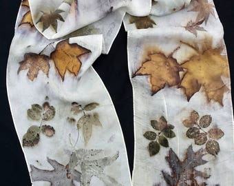 Ecoprinted Silk Scarf, maple, oak and rose designs & colors imprinted from Nature, 8" x 72", Natural silk art by artist, OOAK, USA ship FREE