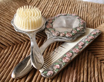 Vintage Silver Rose Pattern Vanity Comb Brush Mirror Set