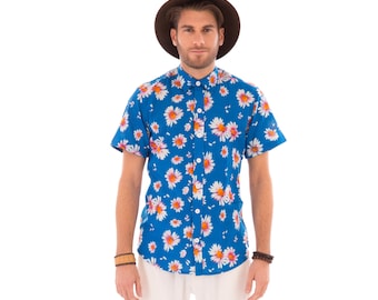 Mens 100% Cotton Short Sleeve Slim Fit Shirt Blue Floral Print