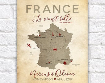 personalized france map paris french honeymoon vacation travel map champagne
