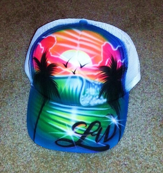 Airbrush Trucker Hat With Beach Scene Airbrush Beach Hat