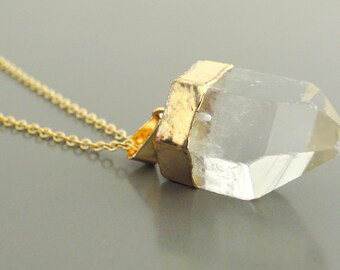Quartz Necklace - Quartz Point Necklace - Gold Necklace - Gold Edged Crystal Necklace - Bohemeian Necklace - Bridesmaid Gift