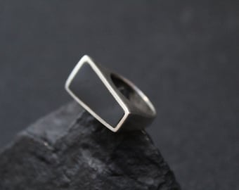 Sterling Silver Modernist Geometric Onyx Inlay Ring
