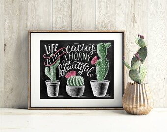 Cactus Print, Succulent Print, Cactus Art Print, Cactus Wall Art, Life Is Like A Cactus, Cactus decor, Chalk Art, Chalkboard Art,