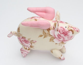 Stuffed flying pig toy cute softie plush handmade soft toy floral piggy pink rose child friendly gift for birthday get well and cheer up