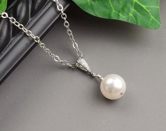 White Pearl Necklace - Silver Swarovski Pearl Bridesmaid Necklace - Pearl Bridal Necklace - Bridesmaid Jewelry - Wedding Jewelry