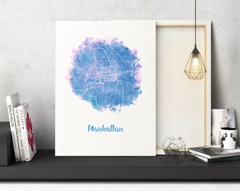 Manhattan KS Watercolor Map Manhattan Kansas map Manhattan Kansas wall art Manhattan KS city map Manhattan Kansas art print map canvas