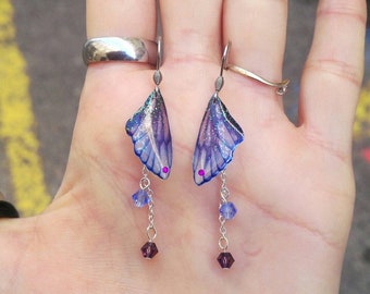 Earrings iridescent blue purple fairy wings