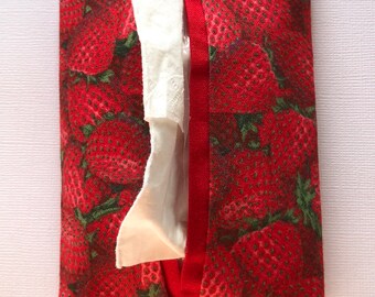 Fabric Tissue Holder- Strawberry Fabric- Travel Tissue Holder- Tissue Packet Cover- Pocket Tissue Holder- Tissue Pouch Gift- Strawberries
